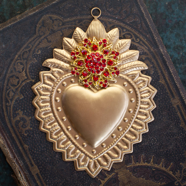 Hanging Sacred Heart ~ Laurel with Red Rhinestones