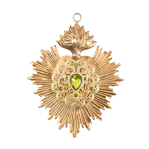 Sacred Heart ~ Gold with Olive Green Rhinestones