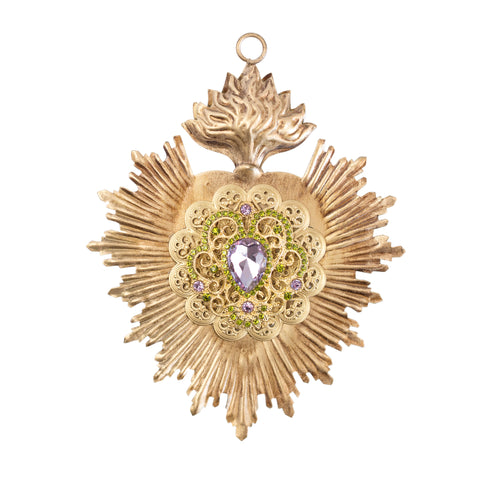 Sacred Heart ~ Gold with Lavender Rhinestones