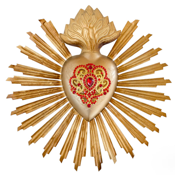 Sunburst Sacred Heart ~ Gold with Red Rhinestones