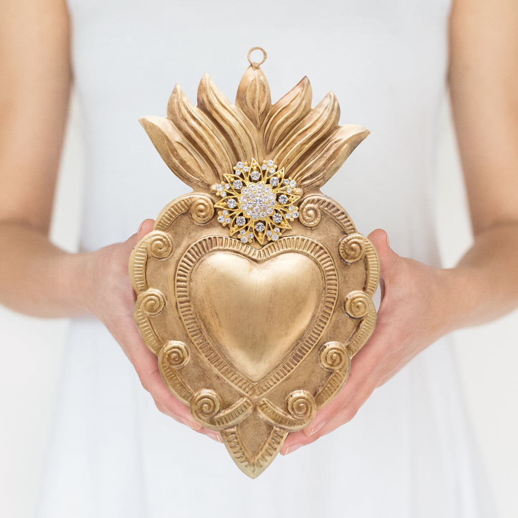 Large Sacred Heart with Rhinestones ~ Gold
