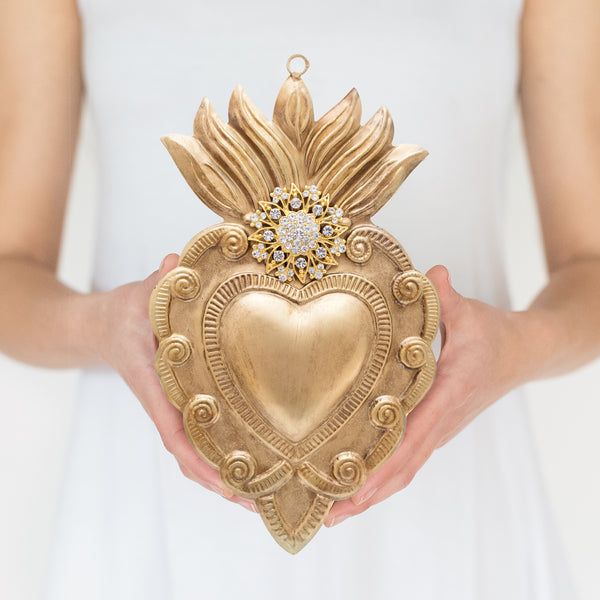 Large Sacred Heart with Rhinestones ~ Gold